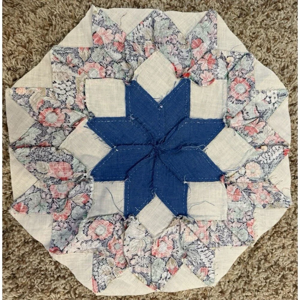 Vintage Hand Pieced Quilt Block Orphan Square 8-Point Star blue/dark floral 14